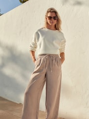 Taupe Brown Premium 100% Linen Wide Leg Trousers - Image 1 of 6