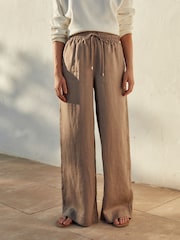 Taupe Brown Premium 100% Linen Wide Leg Trousers - Image 2 of 6