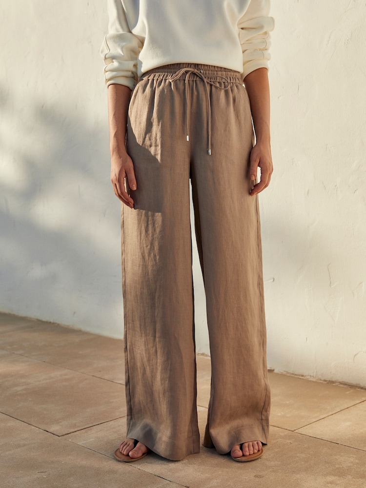 Taupe Brown Premium 100% Linen Wide Leg Trousers - Image 2 of 6