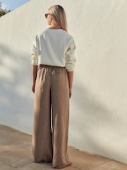 Taupe Brown Premium 100% Linen Wide Leg Trousers - Image 3 of 6