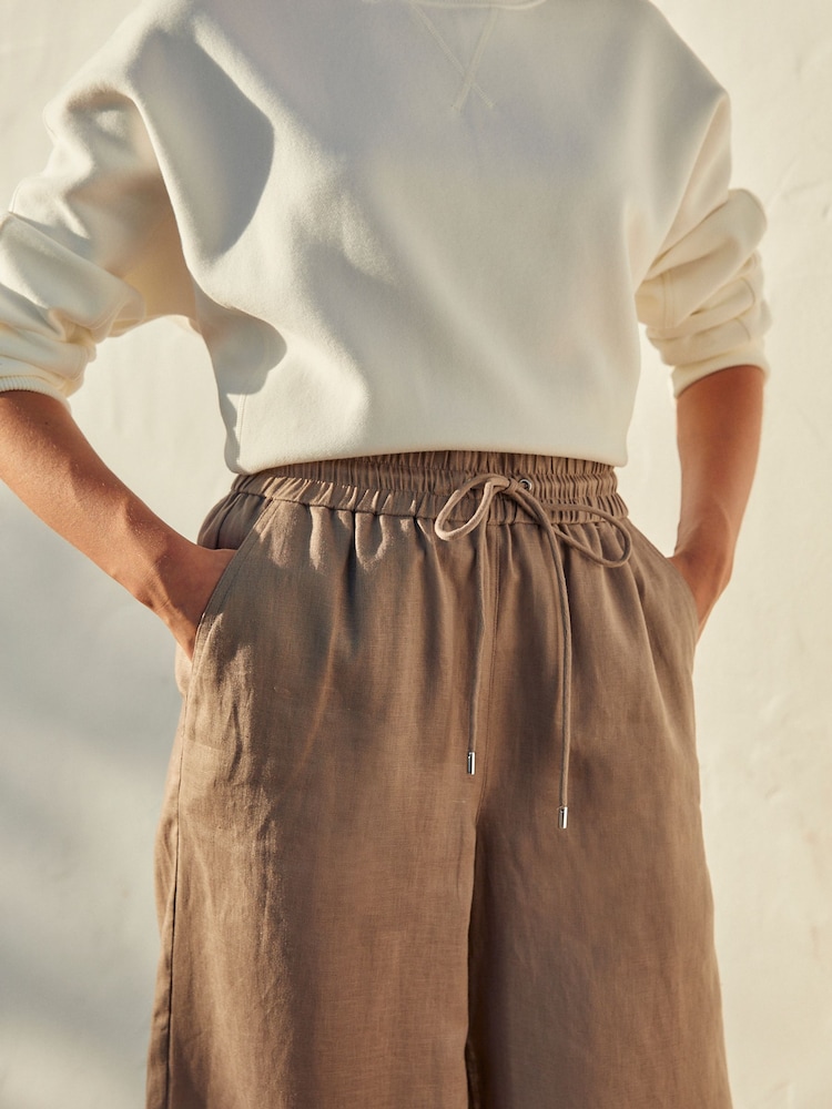 Taupe Brown Premium 100% Linen Wide Leg Trousers - Image 4 of 6