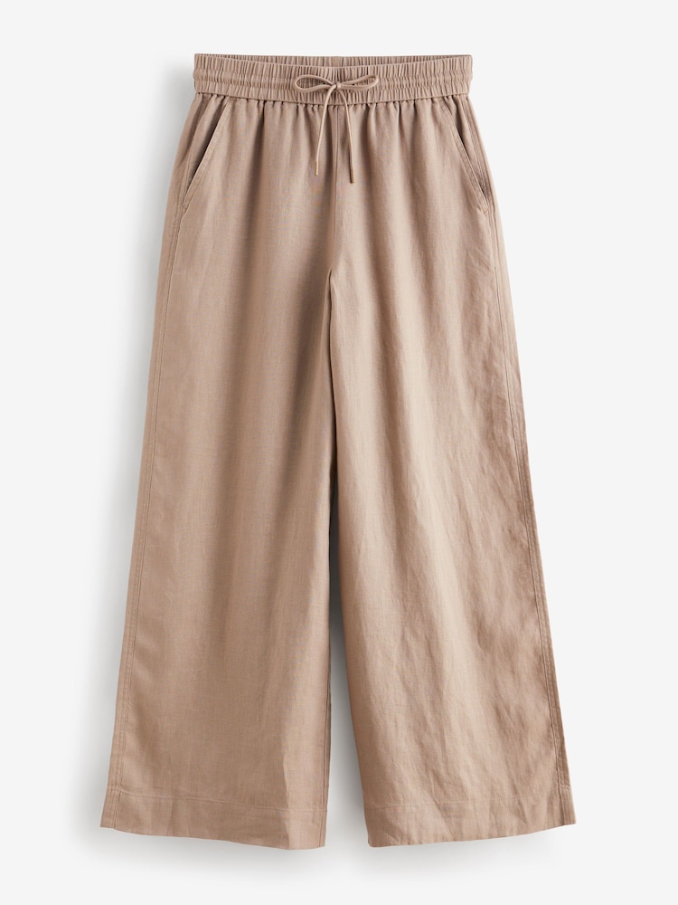 Taupe Brown Premium 100% Linen Wide Leg Trousers - Image 5 of 6