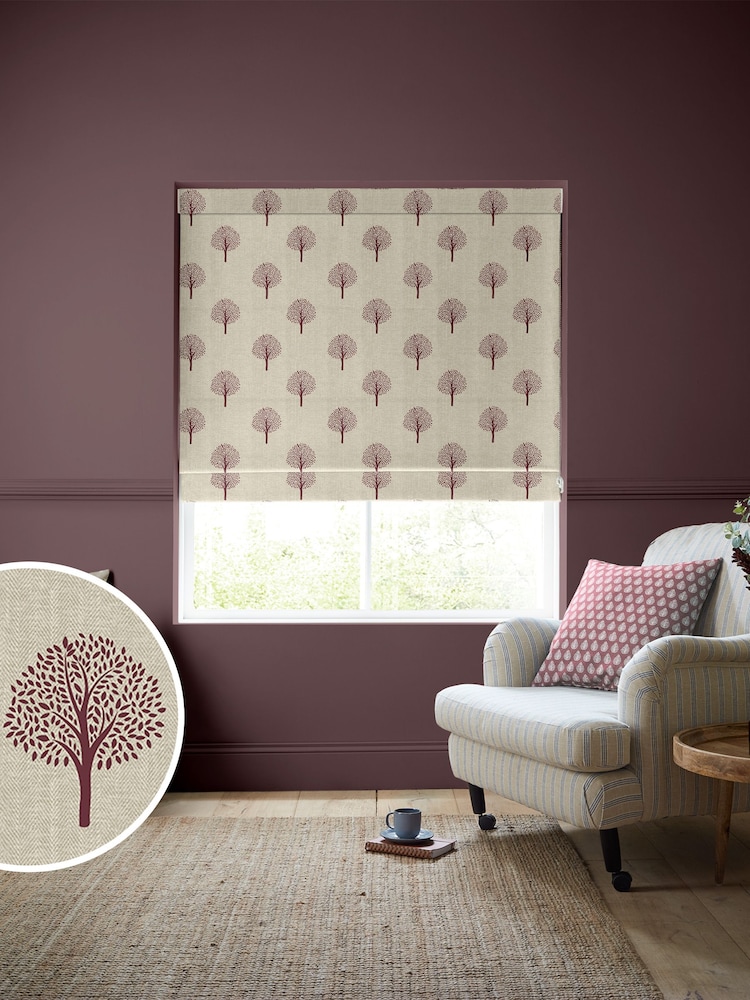 Emily Bond Red Burgundy 100% Cotton Yew Tree Made to Measure Roman Blinds - Image 1 of 6
