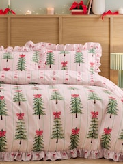 Copenhagen Home Blush Pink Christmas Tree Bows Frill Duvet Cover And Pillowcase Set - Image 1 of 4