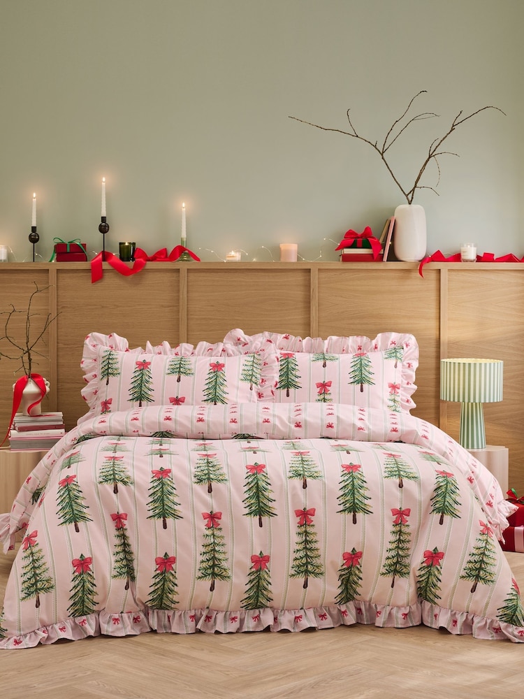 Copenhagen Home Blush Pink Christmas Tree Bows Frill Duvet Cover And Pillowcase Set - Image 2 of 4 Copenhagen Home Blush Pink Christmas Tree Bows Frill Duvet Cover And Pillowcase Set - Image 2 of 4