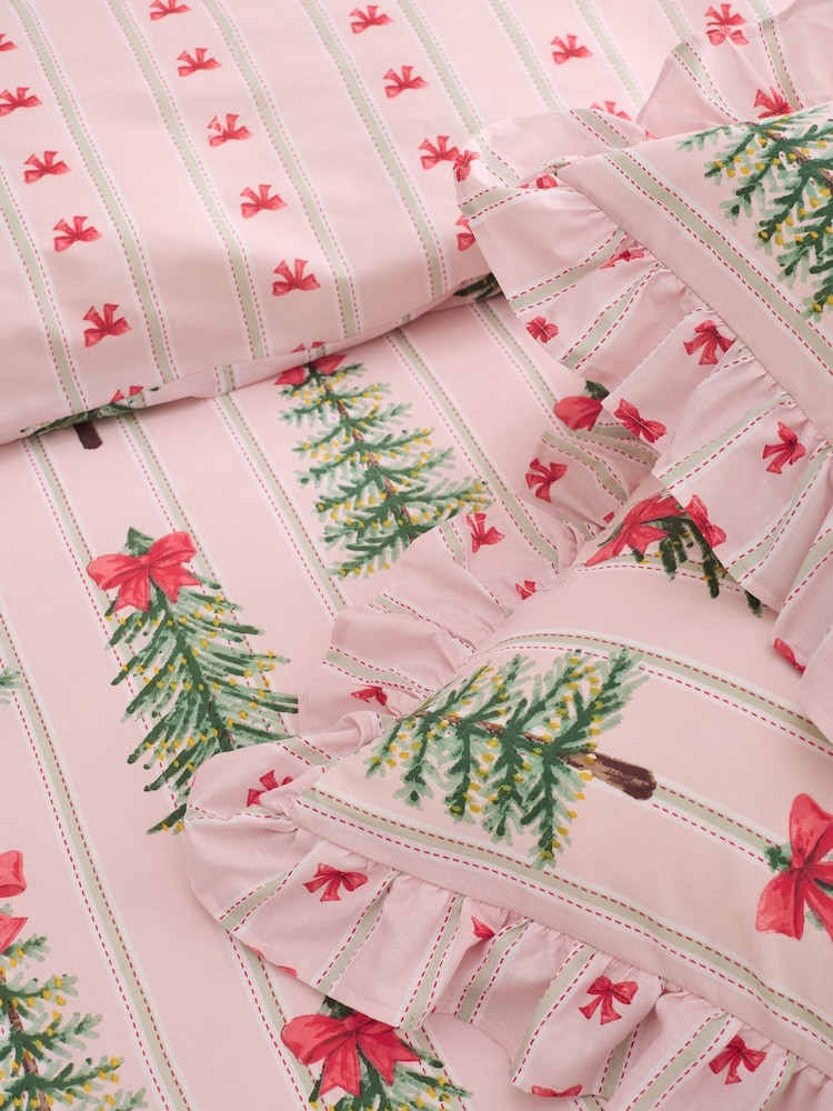 Copenhagen Home Blush Pink Christmas Tree Bows Frill Duvet Cover And Pillowcase Set - Image 4 of 4 Copenhagen Home Blush Pink Christmas Tree Bows Frill Duvet Cover And Pillowcase Set - Image 4 of 4