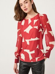 Red Geo Long Sleeve Crew Neck Cuff Blouse - Image 1 of 6