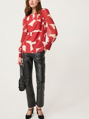 Red Geo Long Sleeve Crew Neck Cuff Blouse - Image 2 of 6