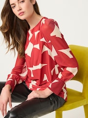 Red Geo Long Sleeve Crew Neck Cuff Blouse - Image 4 of 6