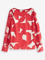 Red Geo Long Sleeve Crew Neck Cuff Blouse - Image 5 of 6