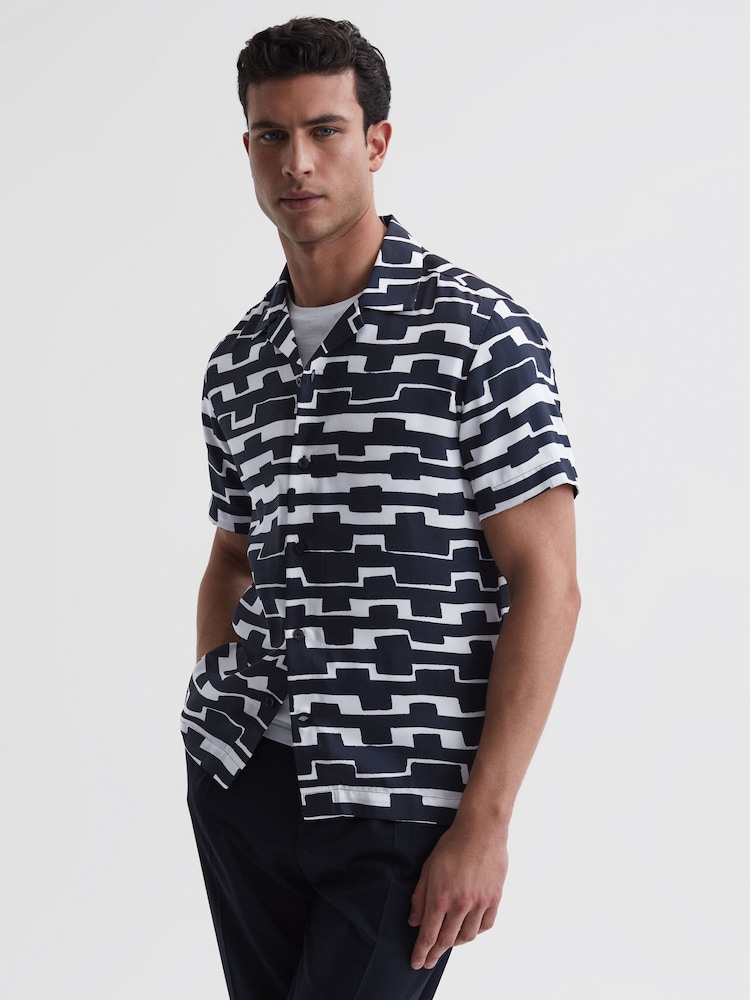 Reiss Navy/White Oakland Abstract Printed Cuban Collar Shirt - Image 1 of 6