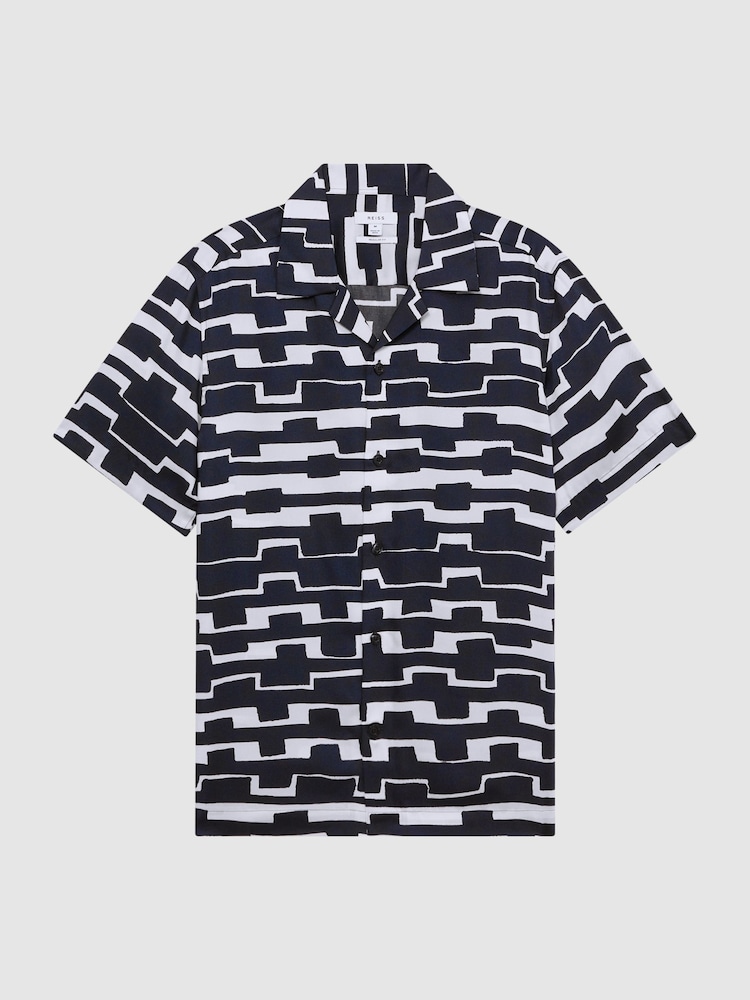 Reiss Navy/White Oakland Abstract Printed Cuban Collar Shirt - Image 2 of 6