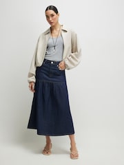 River Island Blue Mid Rise Panelled Denim Midi Skirt - Image 1 of 4