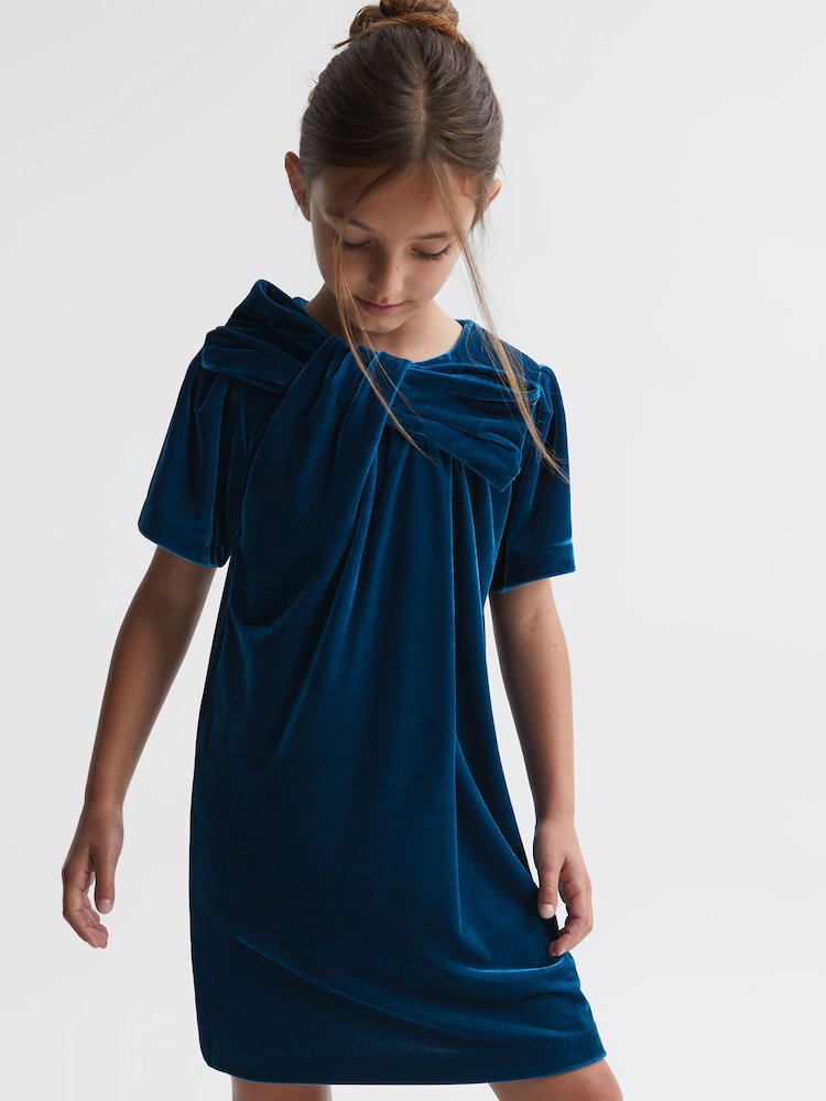 Reiss Teal Frankie 9-14 yrs Velvet Bow Dress - Image 1 of 5 Reiss Teal Frankie 9-14 yrs Velvet Bow Dress - Image 1 of 5
