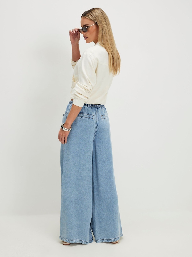 River Island Blue Petite Wide Leg Pyjamas Style Drawstring Jeans - Image 2 of 5 River Island Blue Petite Wide Leg Pyjamas Style Drawstring Jeans - Image 2 of 5