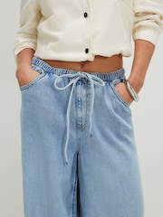 River Island Blue Petite Wide Leg Pyjamas Style Drawstring Jeans - Image 4 of 5