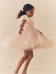 Pastel Pink Rainbow Mesh Puff Sleeve Party Dress (3-16yrs) - Image 1 of 7