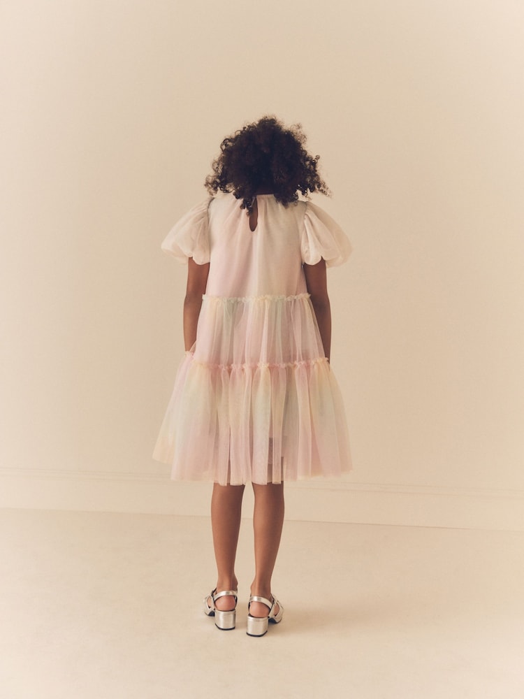 Pastel Pink Rainbow Mesh Puff Sleeve Party Dress (3-16yrs) - Image 2 of 7