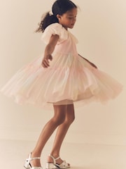 Pastel Pink Rainbow Mesh Puff Sleeve Party Dress (3-16yrs) - Image 5 of 7