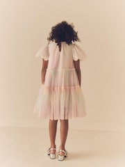 Pastel Pink Rainbow Mesh Puff Sleeve Party Dress (3-16yrs) - Image 7 of 7