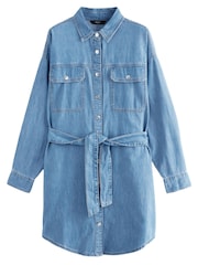 أزرق متوسط - فستان قميص دنيم بحزام - صورة 6 من 7