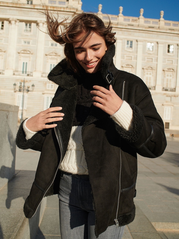 Black Faux Suede Longline Aviator Jacket - Image 1 of 6