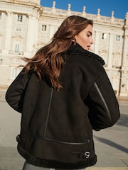 Black Faux Suede Longline Aviator Jacket - Image 2 of 6