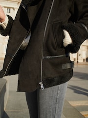 Black Faux Suede Longline Aviator Jacket - Image 3 of 6