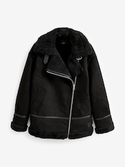 Black Faux Suede Longline Aviator Jacket - Image 4 of 6