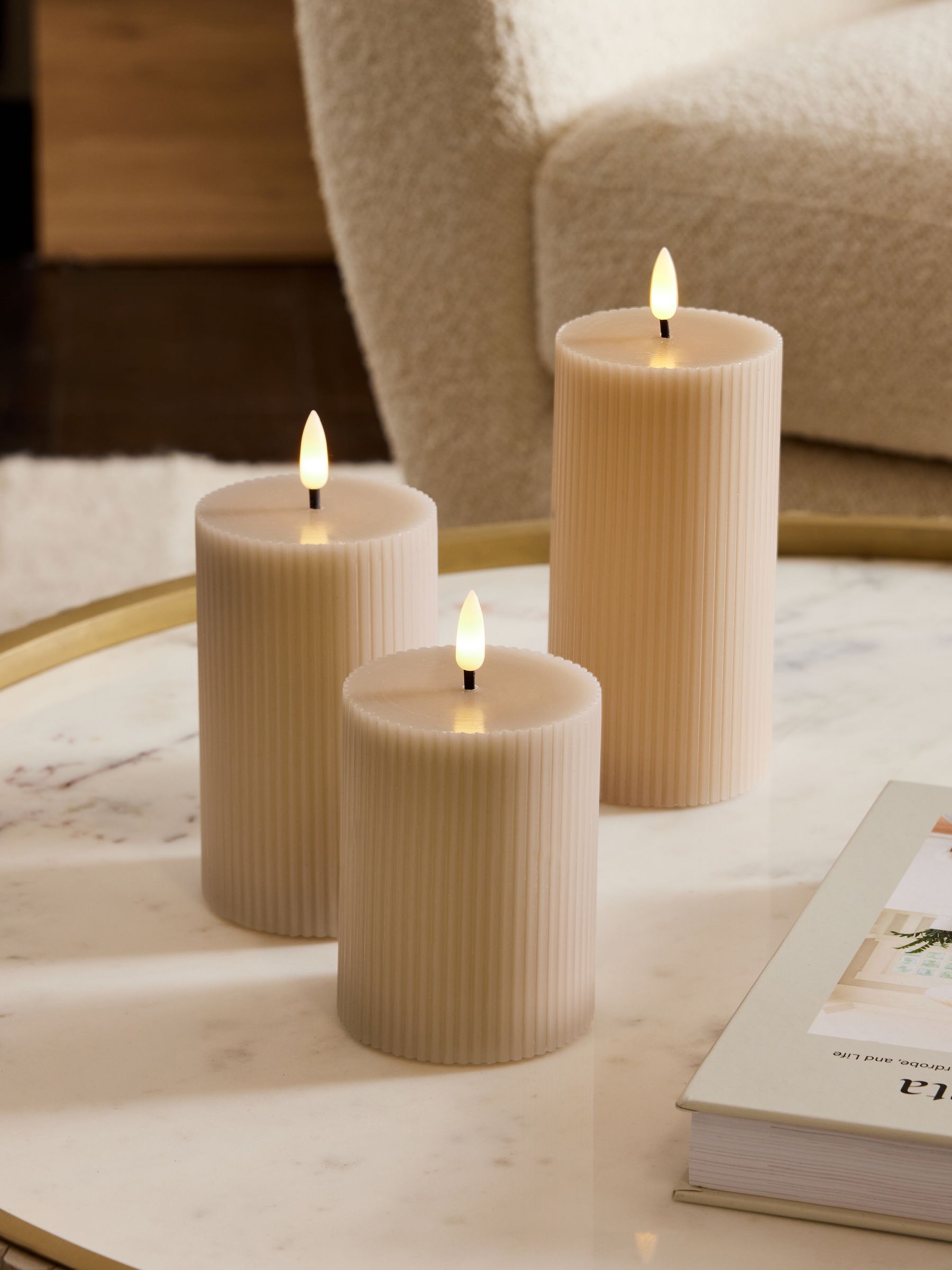 Buy Set of 3 Taupe Brown Real Wax Ribbed LED Pillar Candles from the Next UK online shop
