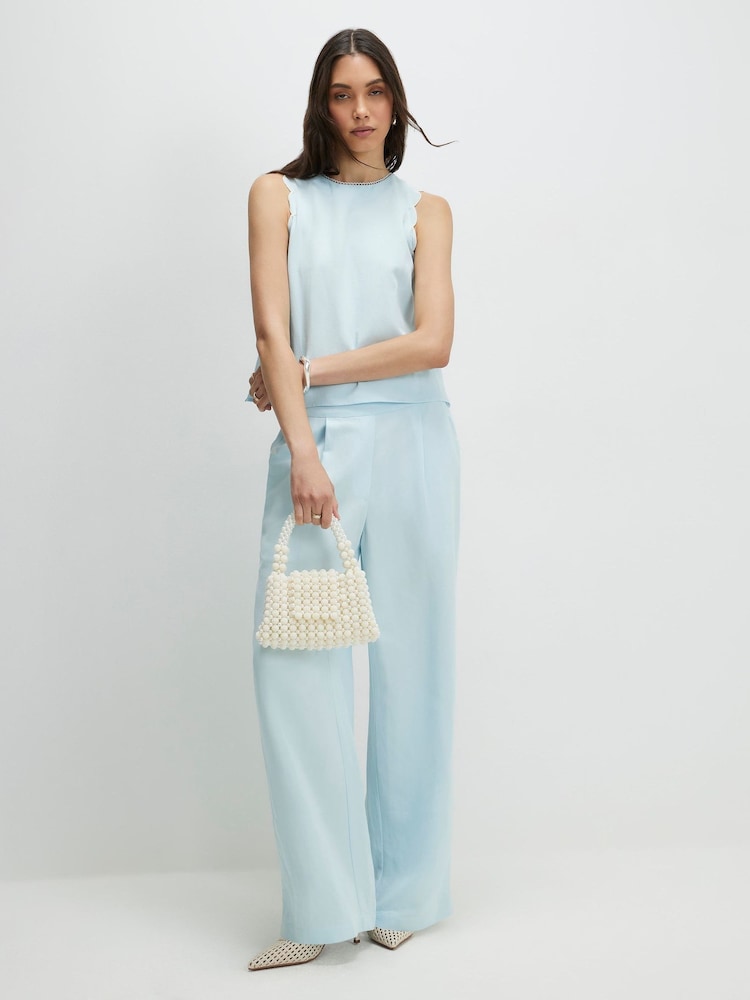 River Island Blue High Rise Scallop Edge Wide Leg Trousers contains Linen - Image 1 of 4