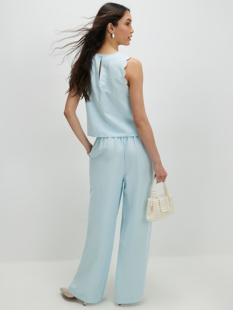 River Island Blue High Rise Scallop Edge Wide Leg Trousers contains Linen - Image 2 of 4