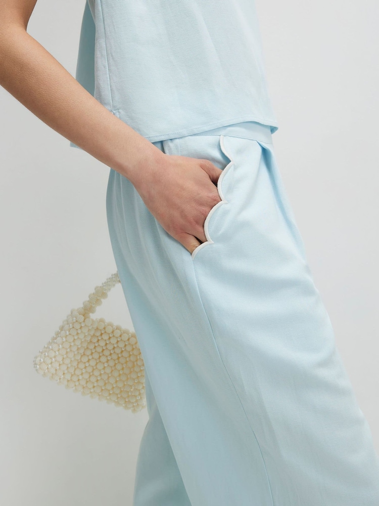 River Island Blue High Rise Scallop Edge Wide Leg Trousers contains Linen - Image 4 of 4