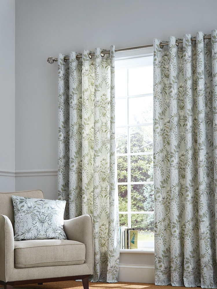Laura Ashley Sage Green Parterre Lined 100% Cotton Eyelet Curtains - Image 1 of 3
