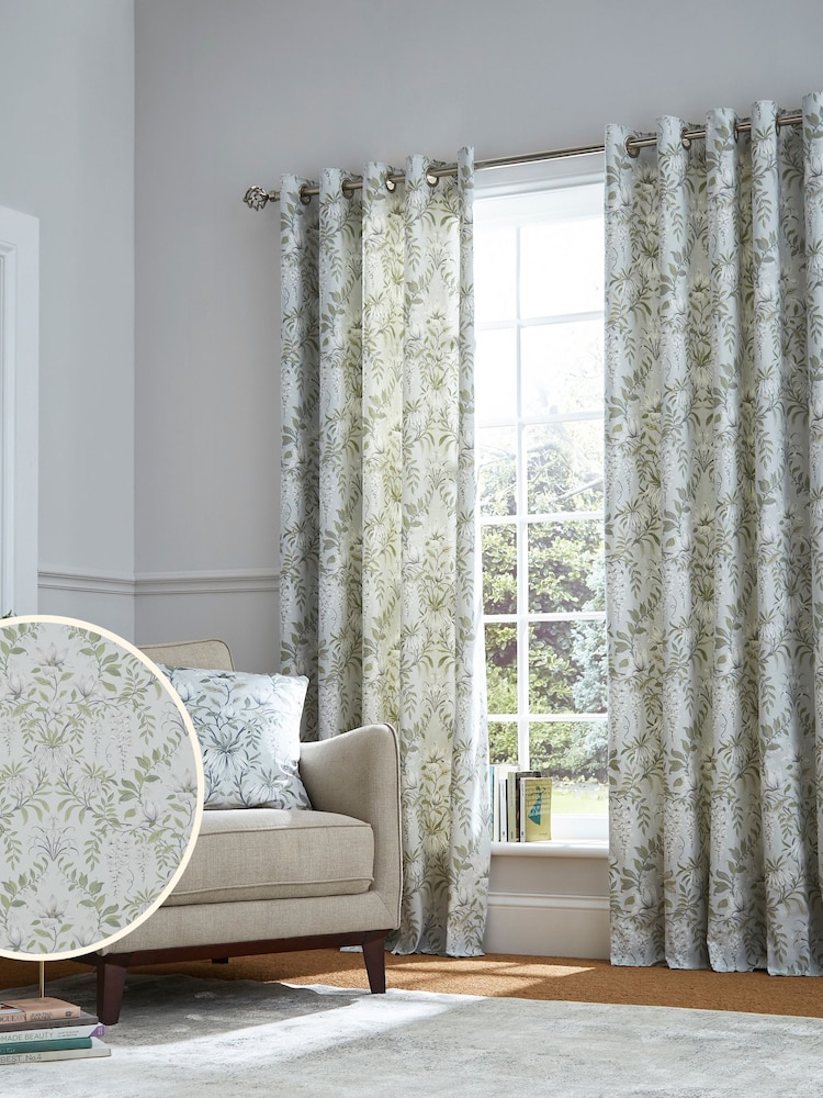 Laura Ashley Sage Green Parterre Lined 100% Cotton Eyelet Curtains - Image 2 of 3