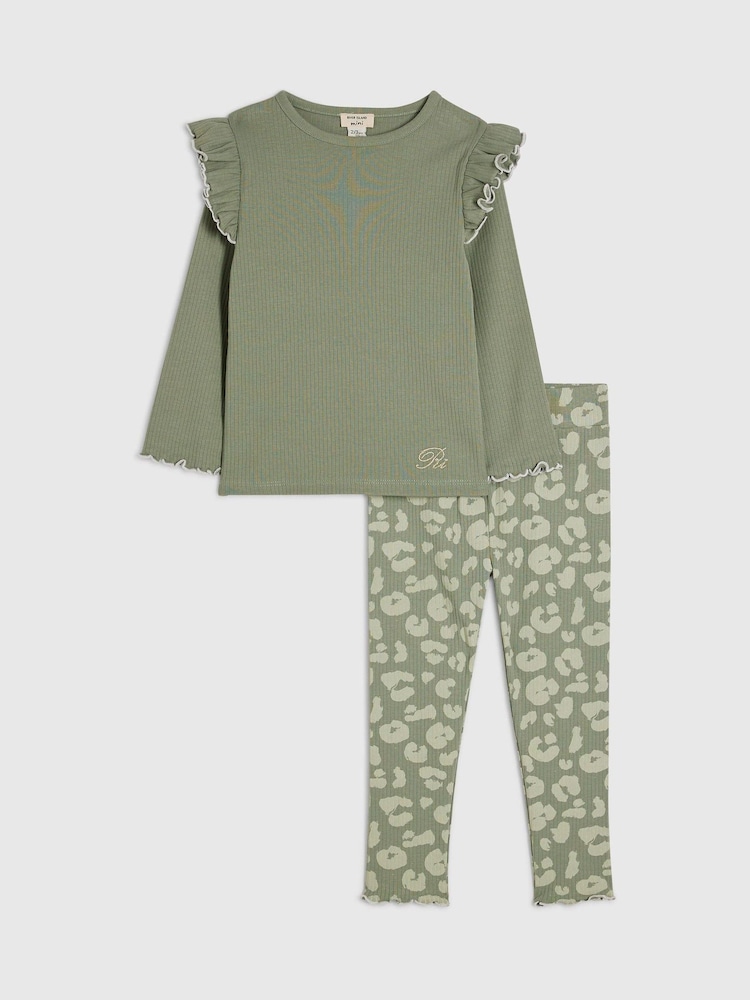 River Island Green Frill Rib Top & Leggings Set - Image 1 of 5 River Island Green Frill Rib Top & Leggings Set - Image 1 of 5