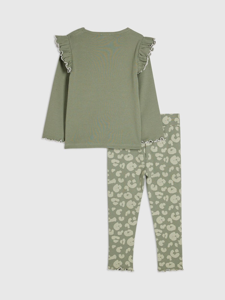 River Island Green Frill Rib Top & Leggings Set - Image 2 of 5 River Island Green Frill Rib Top & Leggings Set - Image 2 of 5