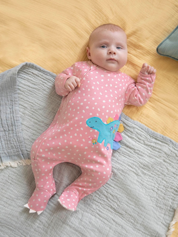 JoJo Maman Bébé Pink Spotted Dino Appliqué Zip Cotton Baby Sleepsuit - Image 1 of 5
