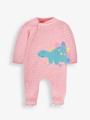 JoJo Maman Bébé Pink Spotted Dino Appliqué Zip Cotton Baby Sleepsuit - Image 2 of 5