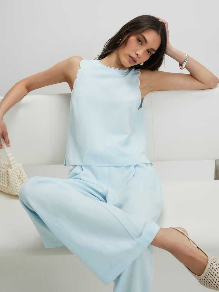 River Island Blue Sleeveless Scallop Edge Linen Look Top - Image 1 of 4