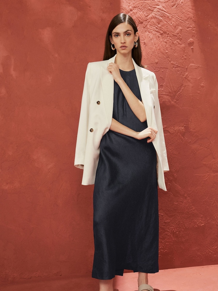 Navy Premium 100% Linen Midi Dress - Image 1 of 6