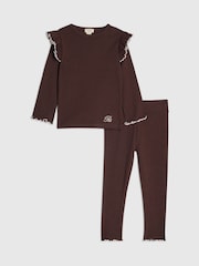 River Island Brown Frill Rib Top & Leggings Set - Image 1 of 5