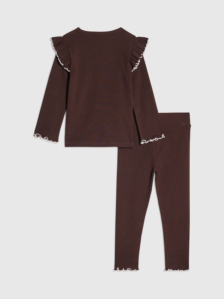 River Island Brown Frill Rib Top & Leggings Set - Image 2 of 5 River Island Brown Frill Rib Top & Leggings Set - Image 2 of 5