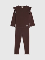 River Island Brown Frill Rib Top & Leggings Set - Image 3 of 5