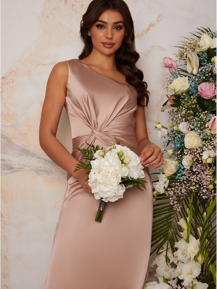 Chi Chi London Cream One Shoulder Satin Finish Maxi Bridesmaids Dress - Image 2 of 3