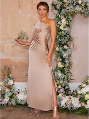 Chi Chi London Cream One Shoulder Satin Finish Maxi Bridesmaids Dress - Image 3 of 3