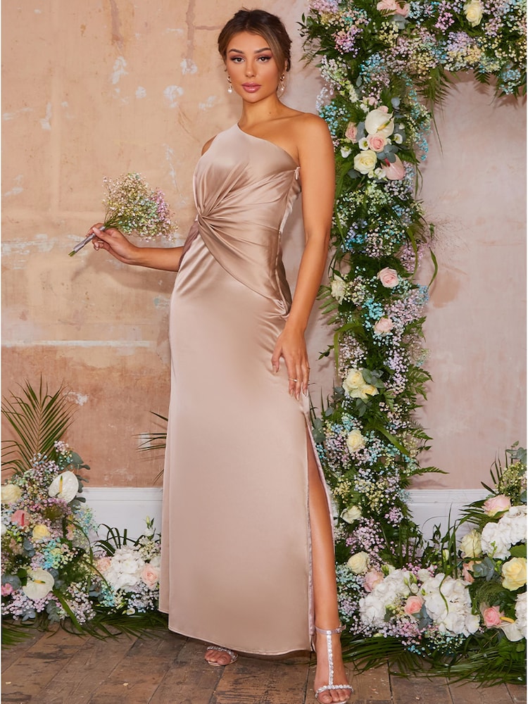 Chi Chi London Cream One Shoulder Satin Finish Maxi Bridesmaids Dress - Image 3 of 3
