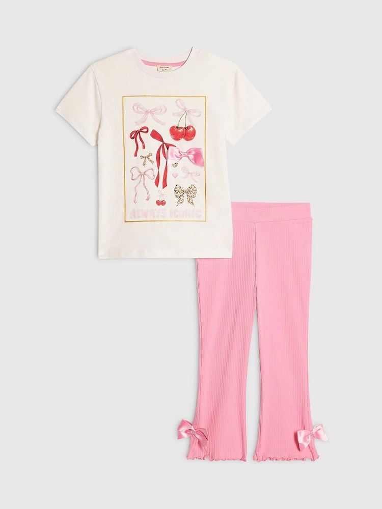 River Island Cream Leopard Bow Top & Jogger Set - Image 1 of 5 River Island Cream Leopard Bow Top & Jogger Set - Image 1 of 5