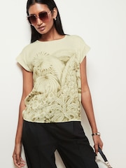 Ecru and Green Leaf Print Woven Mix Short Sleeve T-Shirt - Image 1 of 6