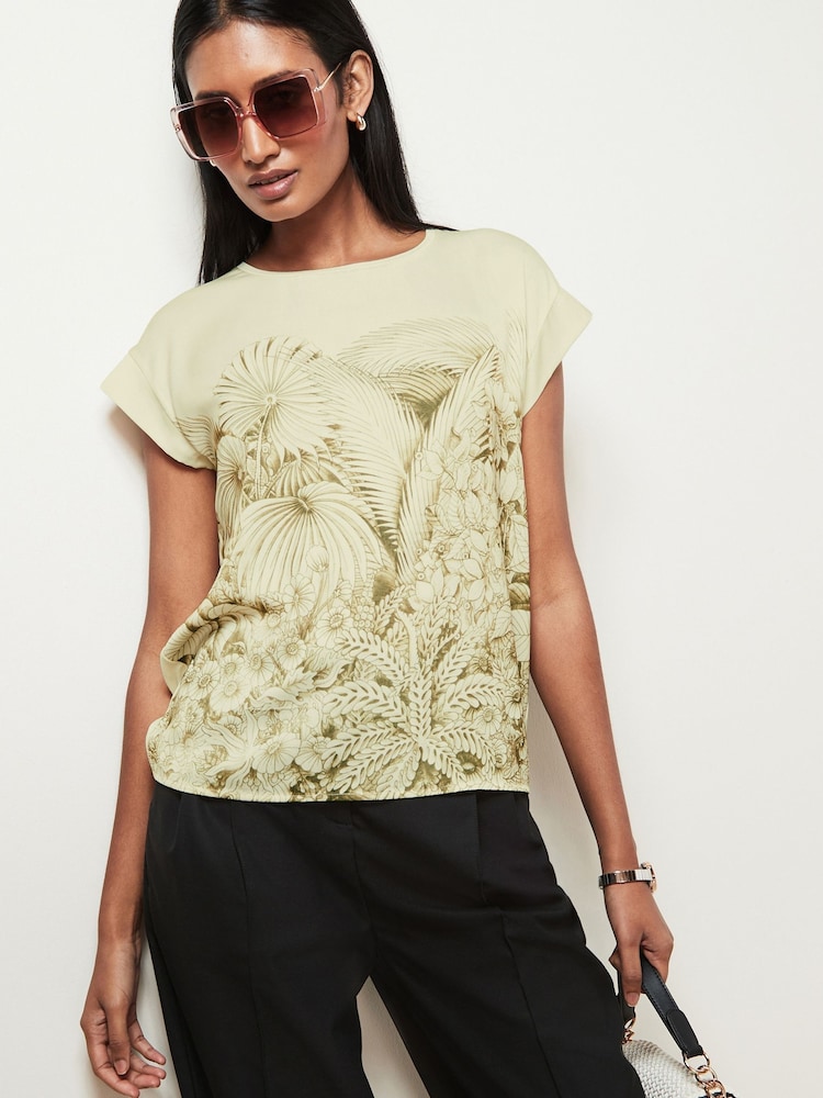 Ecru and Green Leaf Print Woven Mix Short Sleeve T-Shirt - Image 1 of 6
